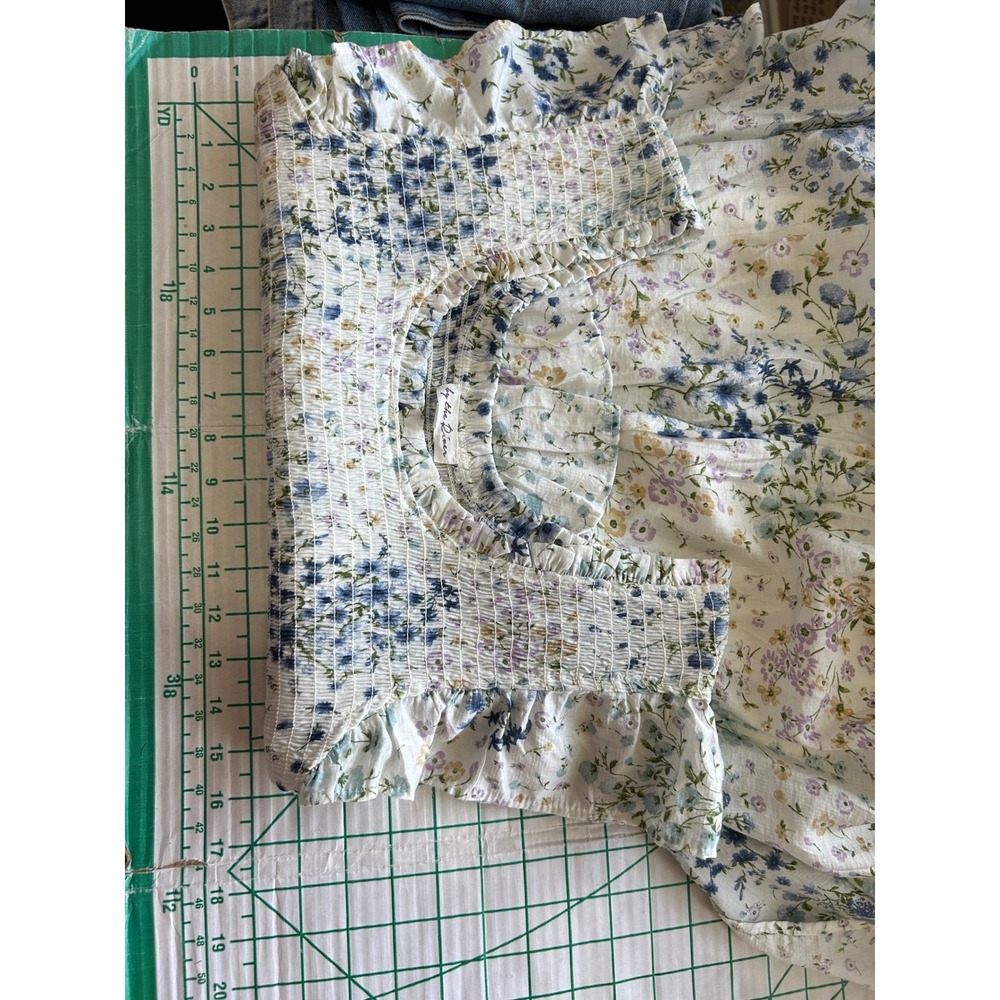 By River Floral Smocked Midi Dress Blue White Ruffle Small Cottage Boho Fairy - Picture 5 of 10